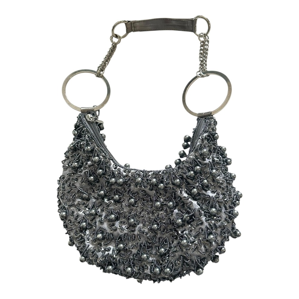 Vintage Silver Beaded Sequin Hobo Bag Chain Ring Handle Evening Purse Mini